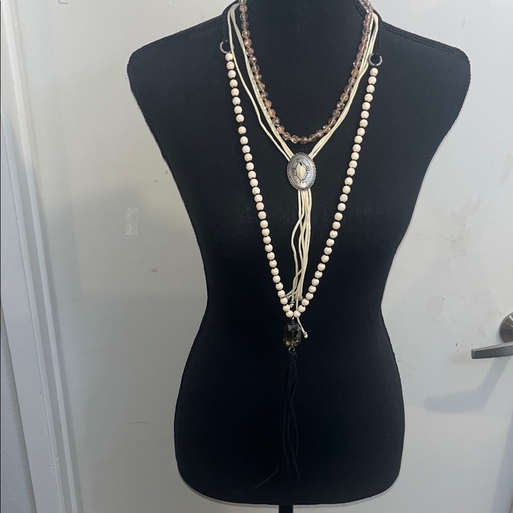 Bohemian 3 Piece Cream Leather and Tassel Necklace Set